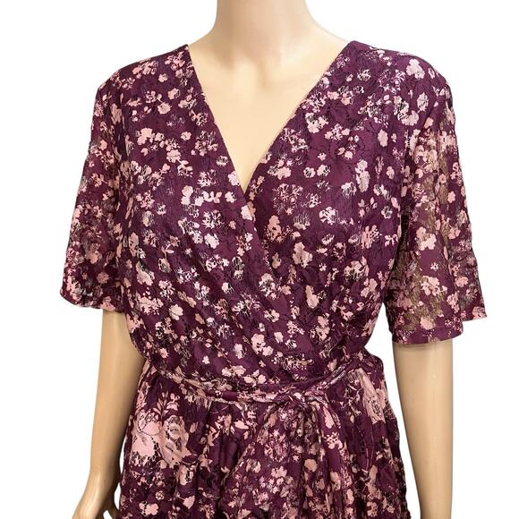 Lane Bryant Lace Faux Wrap Dress 14 Flared Floral Flutter Sleeve Belted Purple - Picture 2 of 11